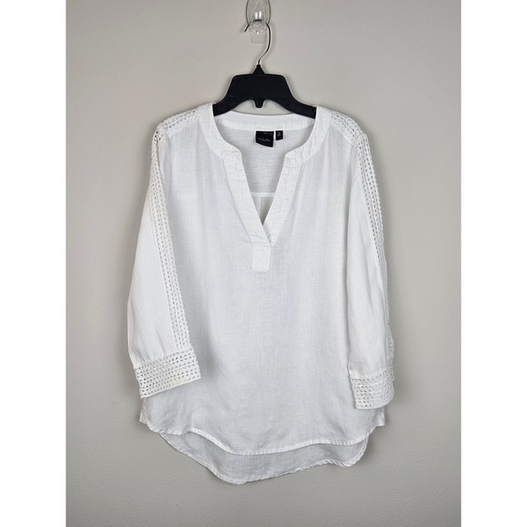 Rafaella Tops - Rafaella Women's Tunic 100% Linen V neck 3/4 Crochet Sleeve Boho top Sz SP